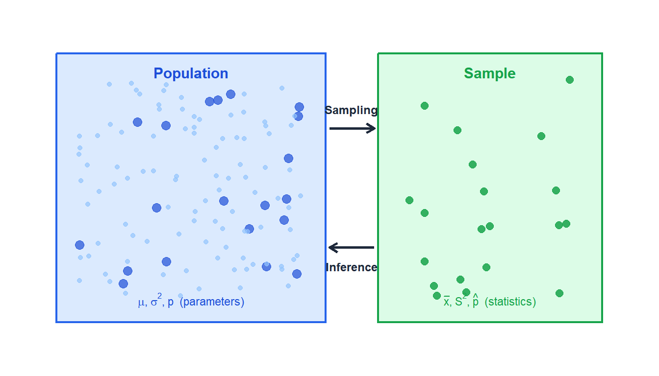 Diagram showing the relationship between population, sample, parameters and statistics with arrows indicating sampling and inference